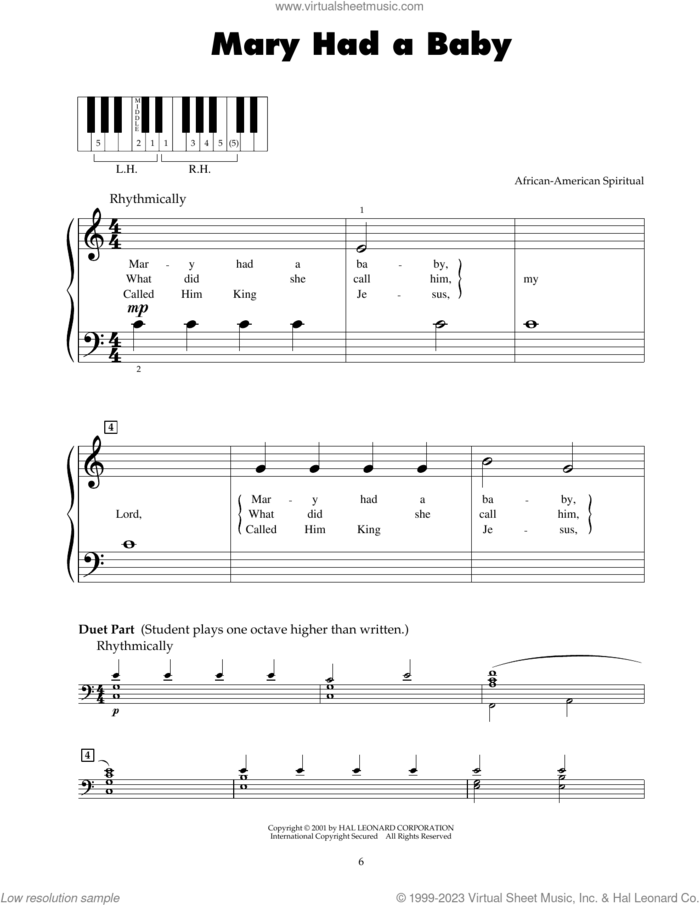 Mary Had A Baby sheet music for piano solo (5-fingers), beginner piano (5-fingers)