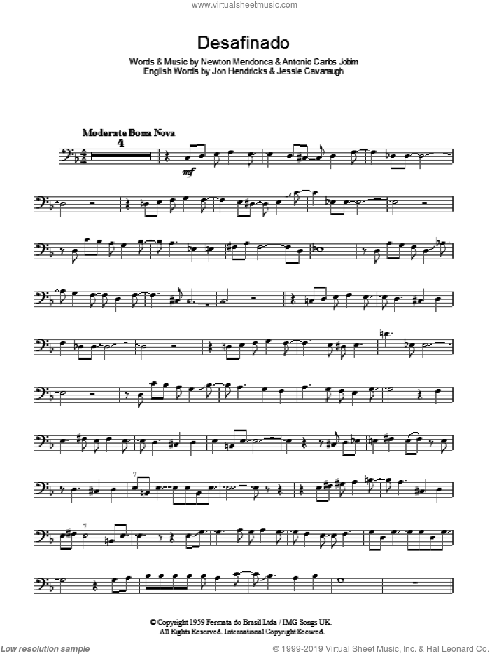 Desafinado (Slightly Out Of Tune) sheet music for trombone solo by Antonio Carlos Jobim, Jessie Cavanaugh, Jon Hendricks and Newton Mendonca, intermediate skill level