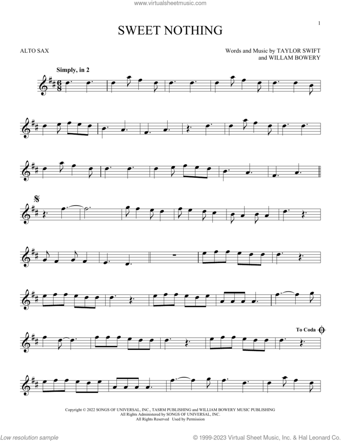 Sweet Nothing sheet music for alto saxophone solo by Taylor Swift and William Bowery, intermediate skill level