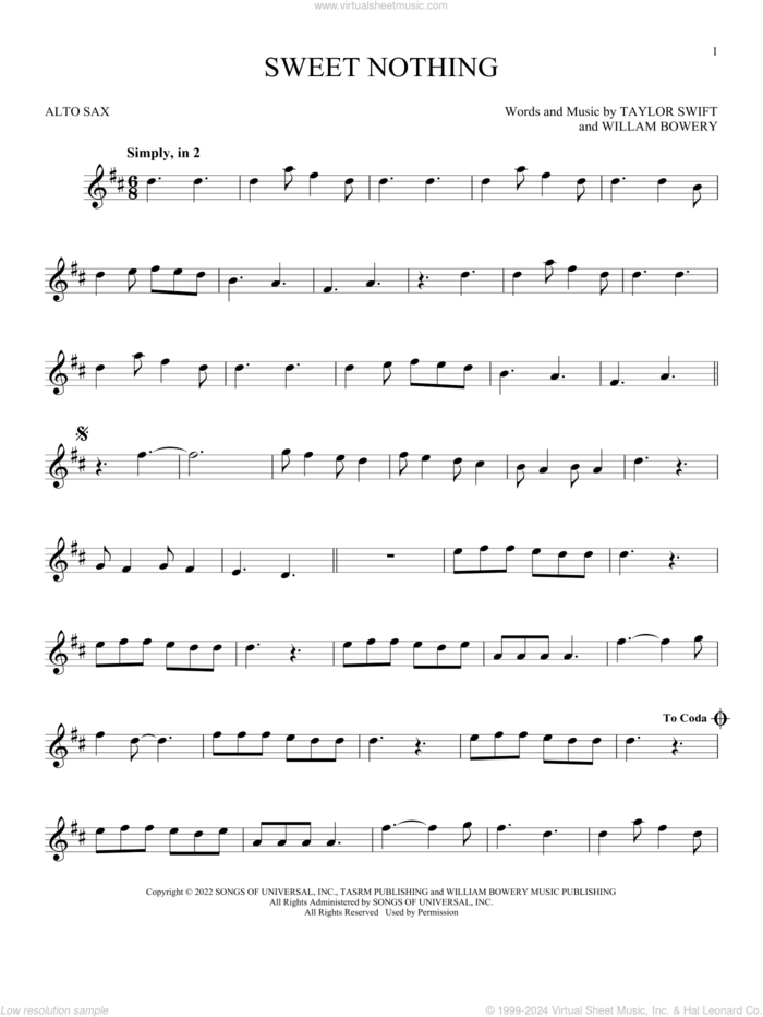 Sweet Nothing sheet music for alto saxophone solo by Taylor Swift and William Bowery, intermediate skill level