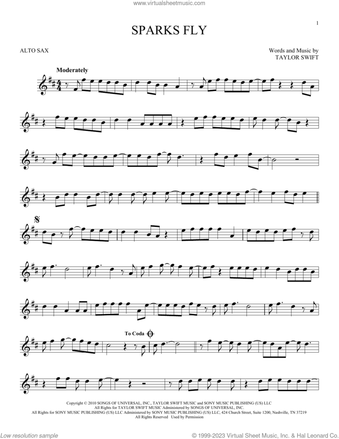 Sparks Fly sheet music for alto saxophone solo by Taylor Swift, intermediate skill level