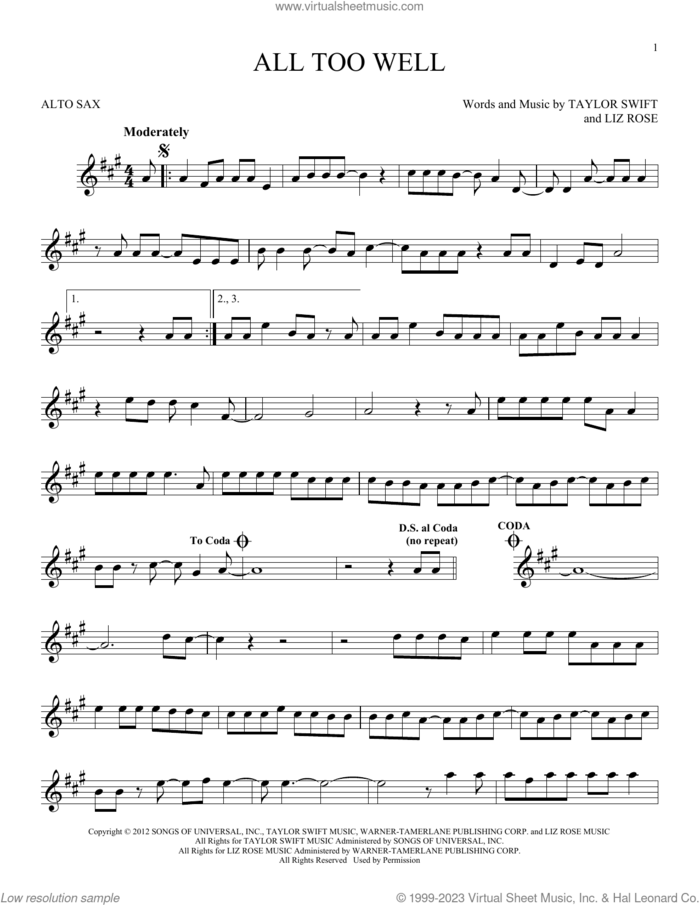 All Too Well sheet music for alto saxophone solo by Taylor Swift and Liz Rose, intermediate skill level