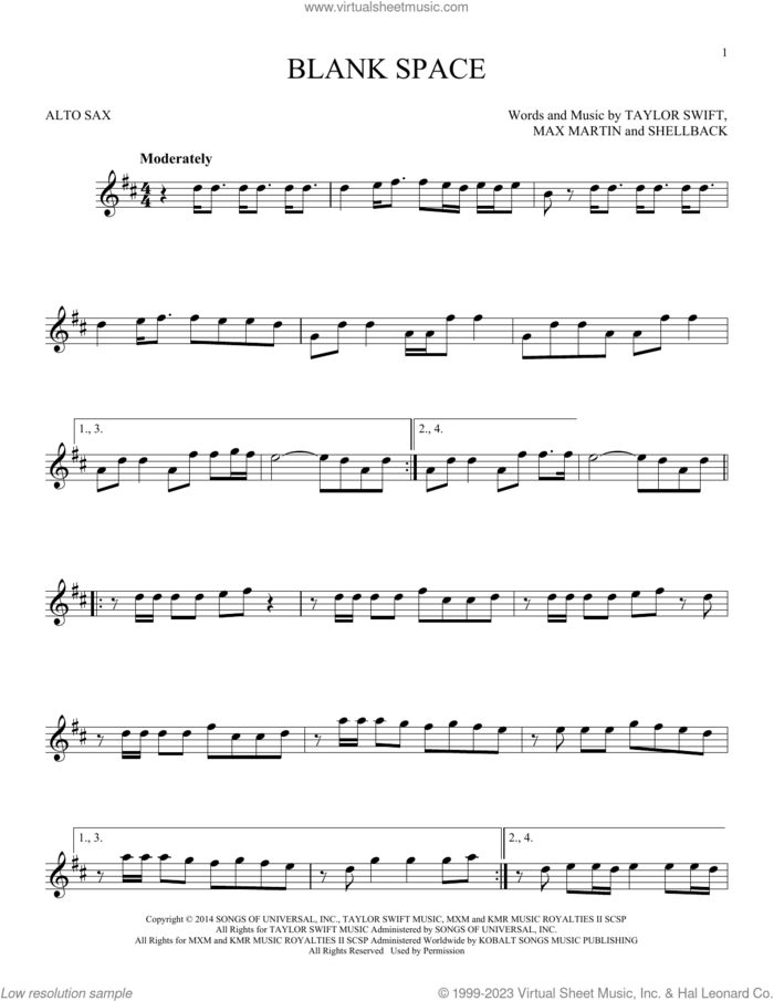 Blank Space sheet music for alto saxophone solo by Taylor Swift, Johan Schuster, Max Martin and Shellback, intermediate skill level