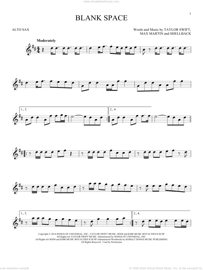 Blank Space sheet music for alto saxophone solo by Taylor Swift, Johan Schuster, Max Martin and Shellback, intermediate skill level