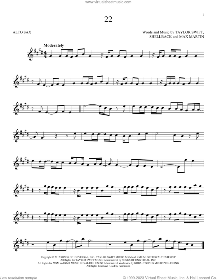 22 sheet music for alto saxophone solo by Taylor Swift, Max Martin and Shellback, intermediate skill level