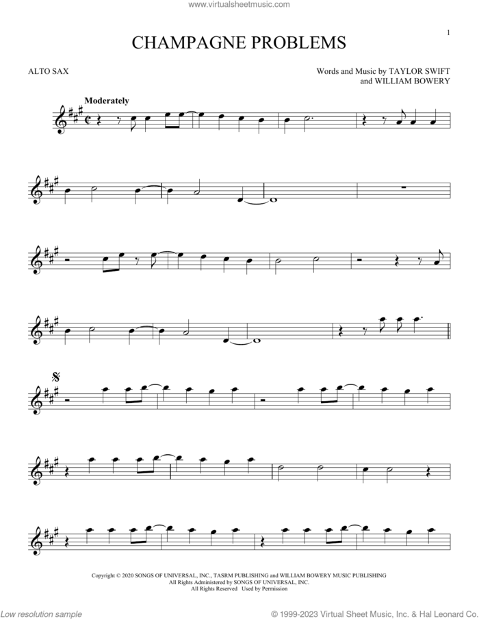 champagne problems sheet music for alto saxophone solo by Taylor Swift and William Bowery, intermediate skill level