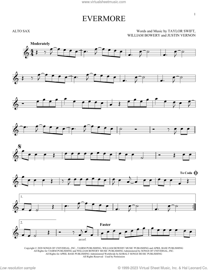 evermore (feat. Bon Iver) sheet music for alto saxophone solo by Taylor Swift, Justin Vernon and William Bowery, intermediate skill level