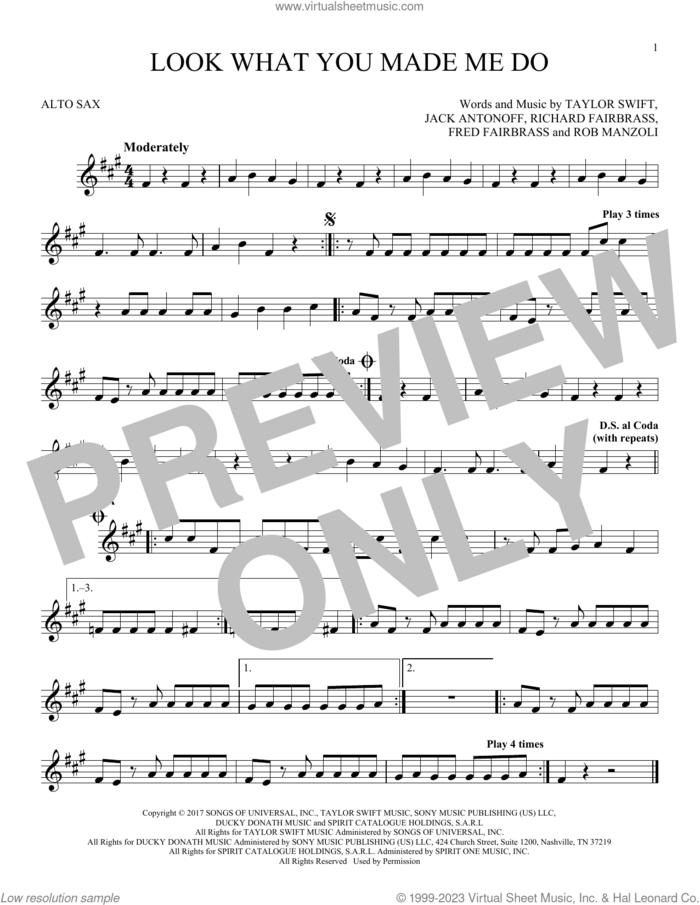 Look What You Made Me Do sheet music for alto saxophone solo by Taylor Swift, Fred Fairbrass, Jack Antonoff, Richard Fairbrass and Rob Manzoli, intermediate skill level