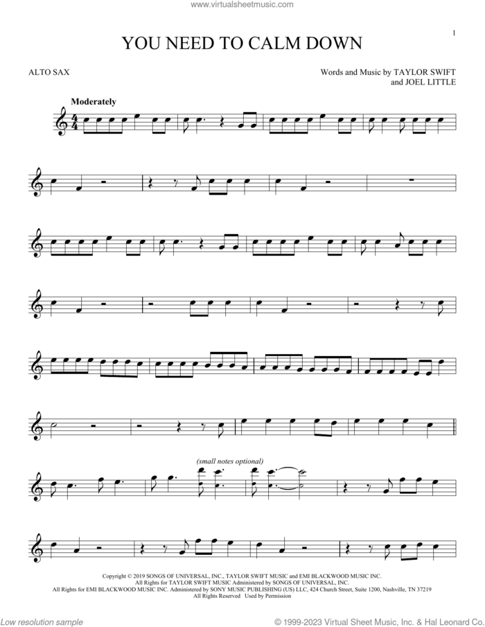 You Need To Calm Down sheet music for alto saxophone solo by Taylor Swift and Joel Little, intermediate skill level
