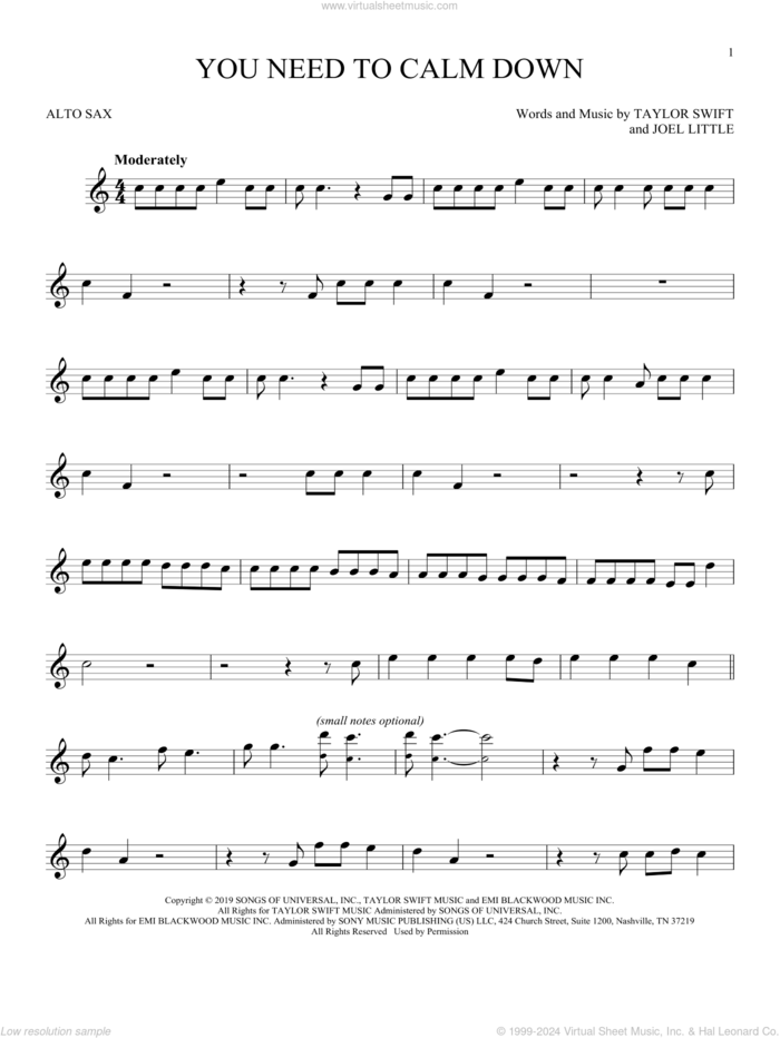 You Need To Calm Down sheet music for alto saxophone solo by Taylor Swift and Joel Little, intermediate skill level