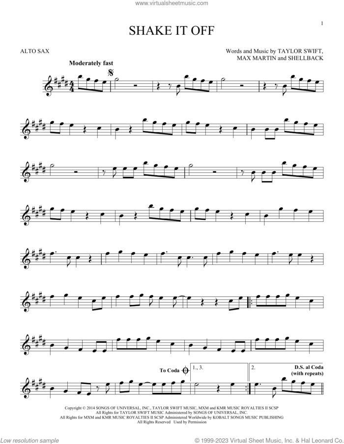 Shake It Off sheet music for alto saxophone solo by Taylor Swift, Johan Schuster, Max Martin and Shellback, intermediate skill level