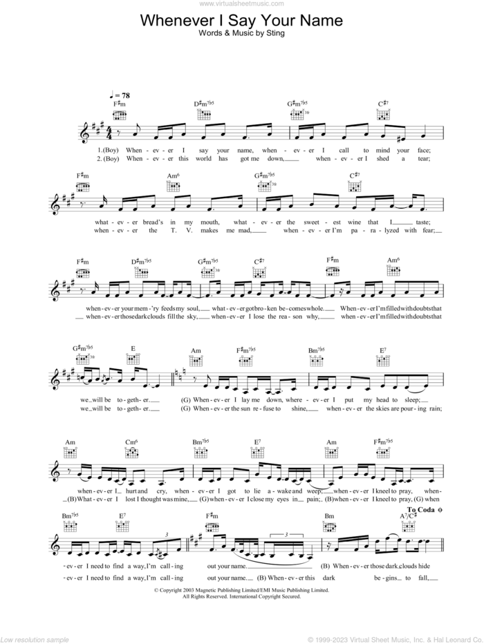 Whenever I Say Your Name sheet music for voice and other instruments (fake book) by Sting, intermediate skill level