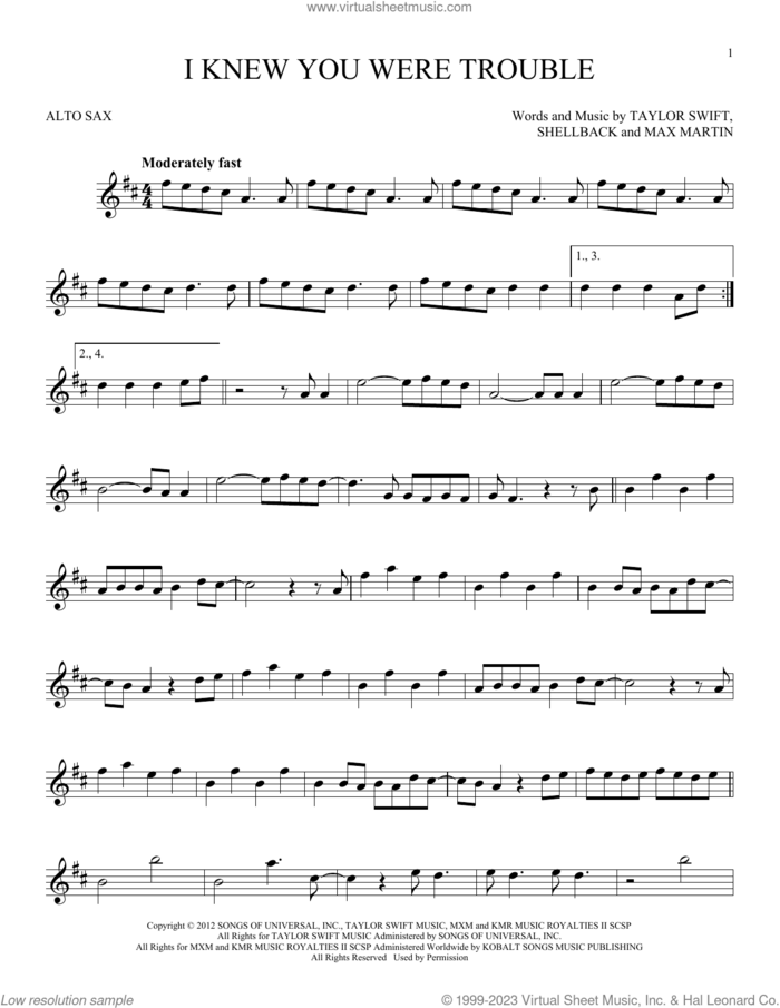 I Knew You Were Trouble sheet music for alto saxophone solo by Taylor Swift, Max Martin and Shellback, intermediate skill level