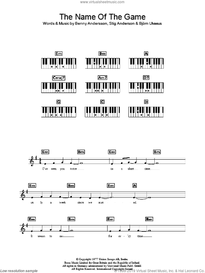 The Name Of The Game sheet music for piano solo (chords, lyrics, melody) by ABBA, Benny Andersson and Stig Anderson, intermediate piano (chords, lyrics, melody)