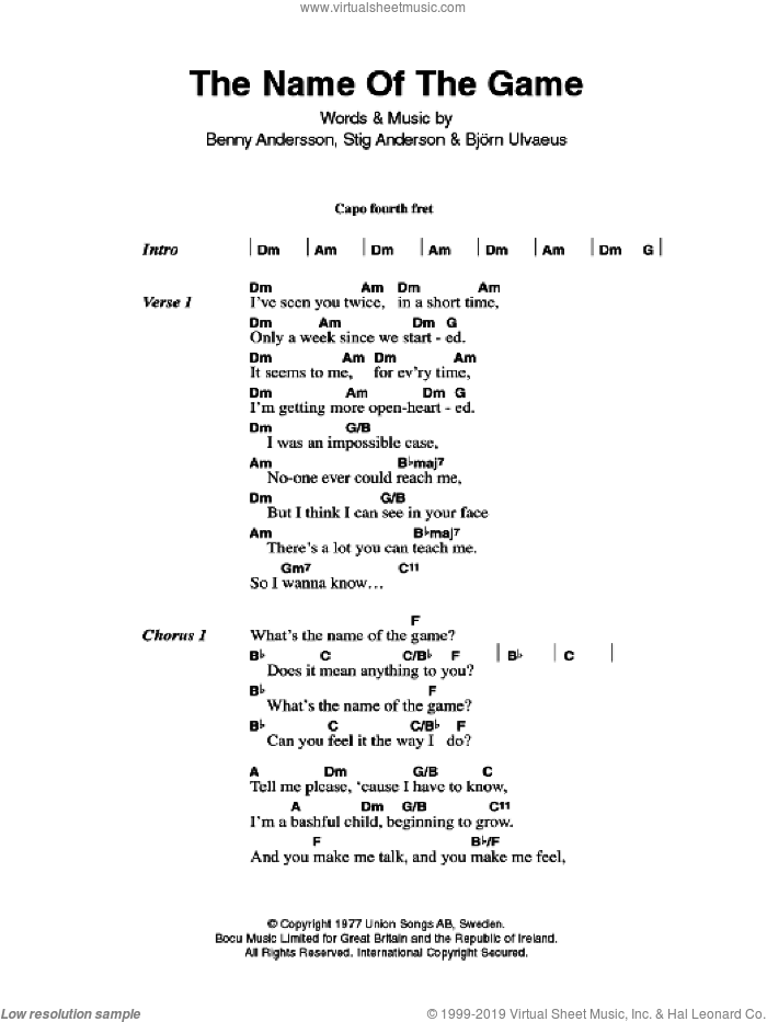 The Name Of The Game sheet music for guitar (chords) by ABBA, Benny Andersson, Bjorn Ulvaeus, Miscellaneous and Stig Anderson, intermediate skill level