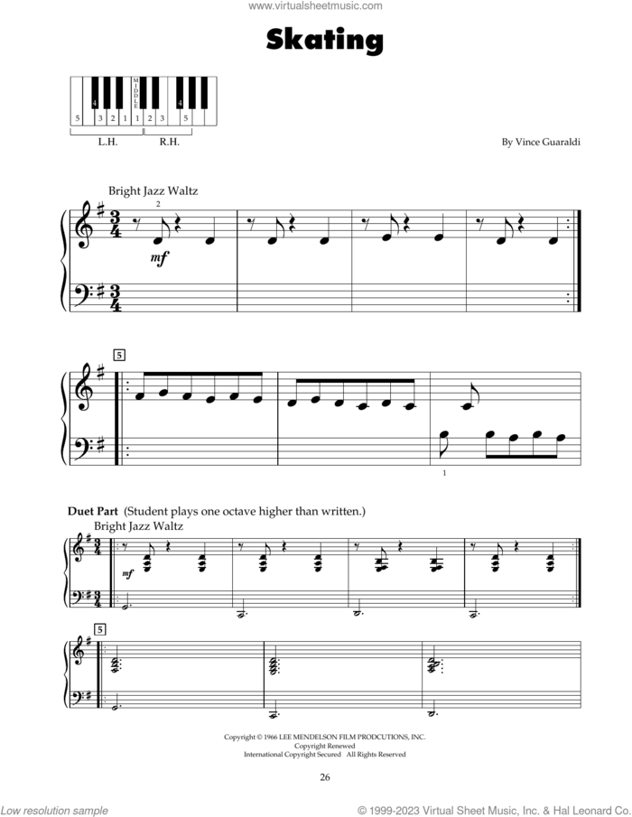 Skating sheet music for piano solo (5-fingers) by Vince Guaraldi, beginner piano (5-fingers)