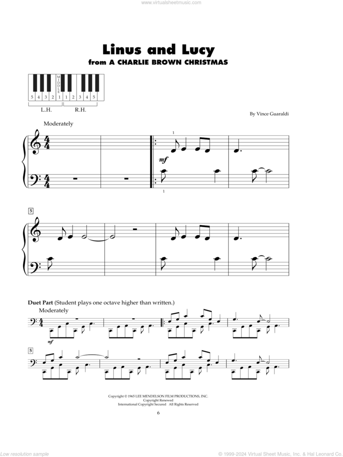 Linus And Lucy sheet music for piano solo (5-fingers) by Vince Guaraldi Trio and Vince Guaraldi, beginner piano (5-fingers)