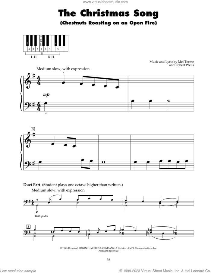 The Christmas Song (Chestnuts Roasting On An Open Fire) sheet music for piano solo (5-fingers) by Mel Torme, Vince Guaraldi and Robert Wells, beginner piano (5-fingers)