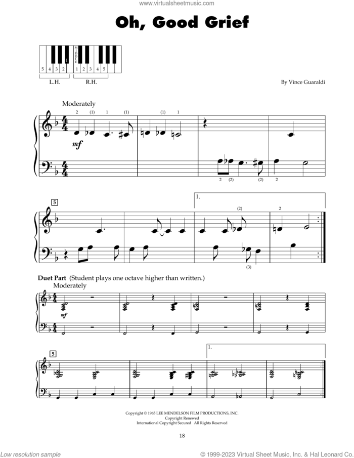 Oh, Good Grief sheet music for piano solo (5-fingers) by Vince Guaraldi, beginner piano (5-fingers)