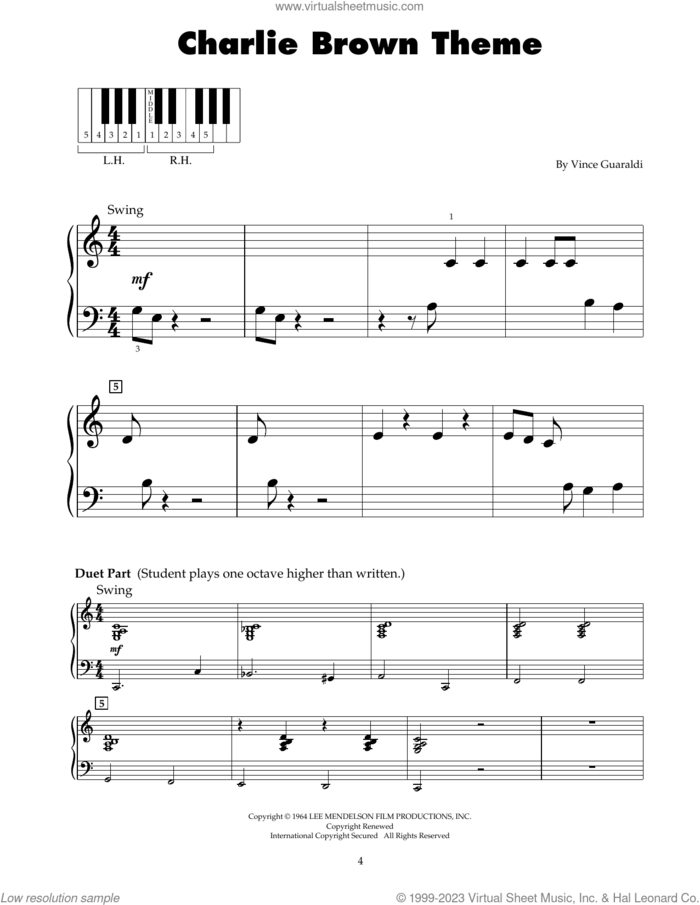Charlie Brown Theme sheet music for piano solo (5-fingers) by Vince Guaraldi, beginner piano (5-fingers)