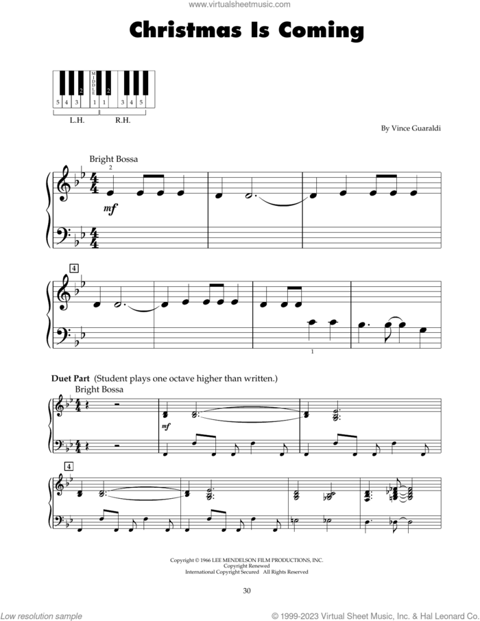 Christmas Is Coming sheet music for piano solo (5-fingers) by Vince Guaraldi, beginner piano (5-fingers)