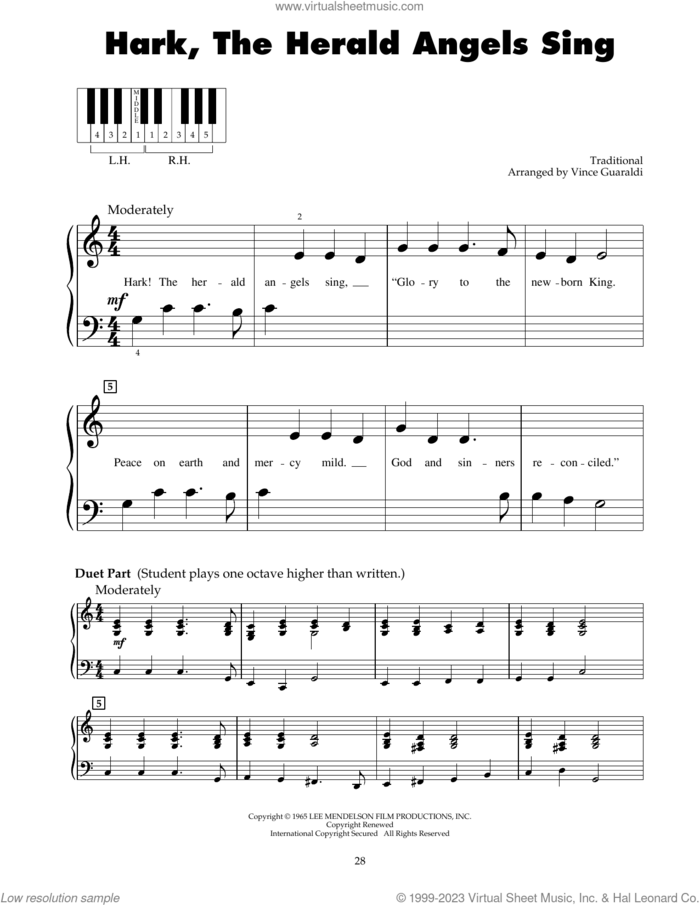 Hark, The Herald Angels Sing sheet music for piano solo (5-fingers) by Vince Guaraldi, beginner piano (5-fingers)