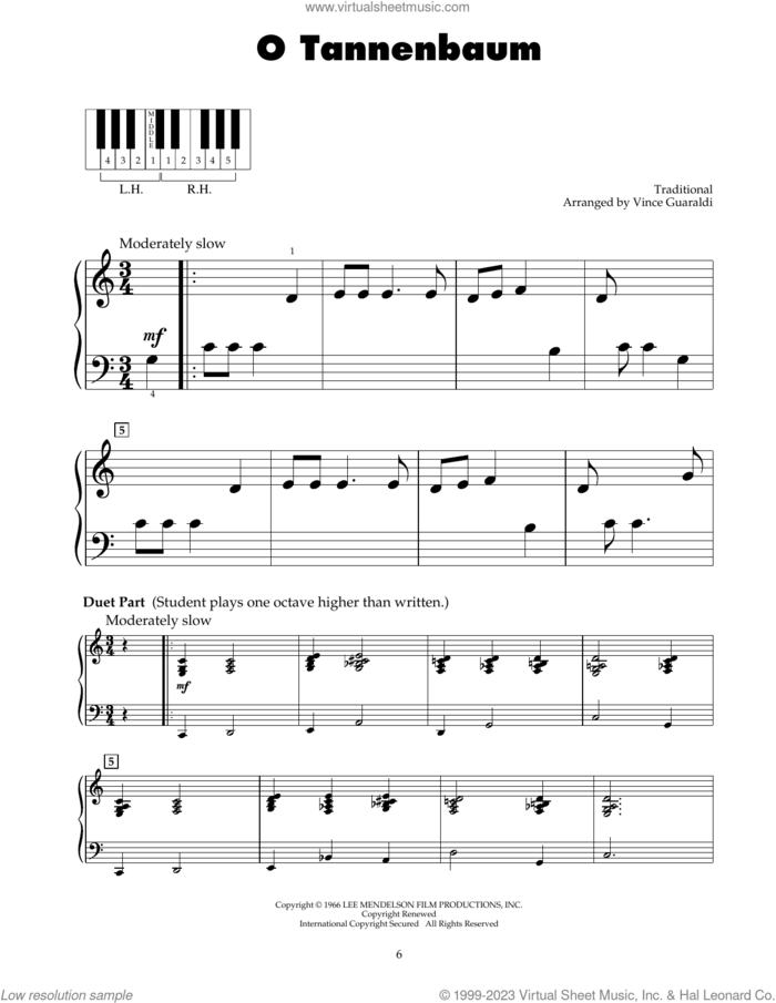 O Tannenbaum sheet music for piano solo (5-fingers) by Vince Guaraldi and Miscellaneous, beginner piano (5-fingers)