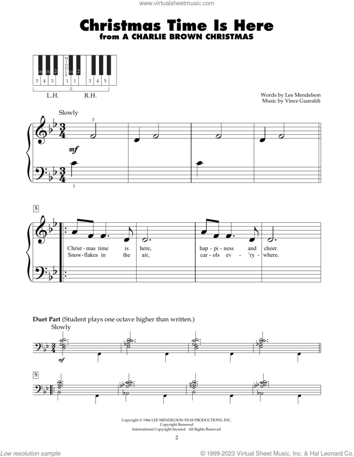 Christmas Time Is Here sheet music for piano solo (5-fingers) by Vince Guaraldi and Lee Mendelson, beginner piano (5-fingers)