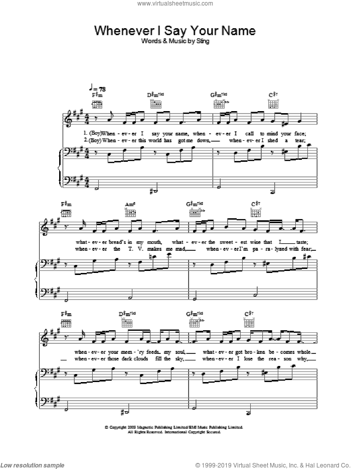 Whenever I Say Your Name sheet music for voice, piano or guitar by Sting and Mary J. Blige, intermediate skill level