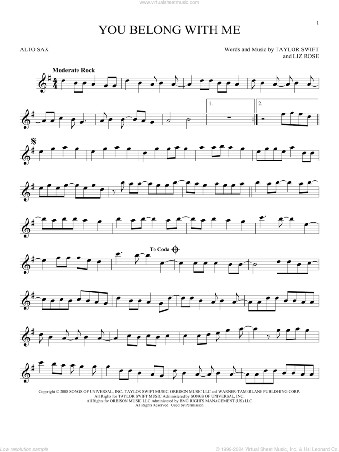 You Belong With Me sheet music for alto saxophone solo by Taylor Swift and Liz Rose, intermediate skill level