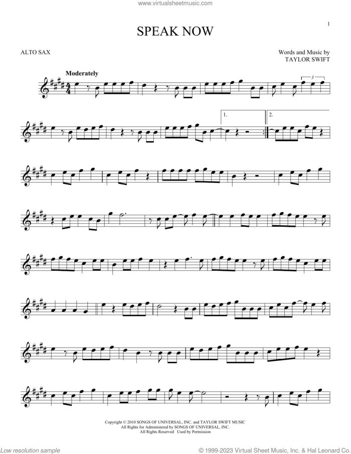 Speak Now sheet music for alto saxophone solo by Taylor Swift, intermediate skill level