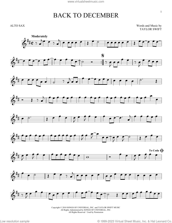 Back To December sheet music for alto saxophone solo by Taylor Swift, intermediate skill level