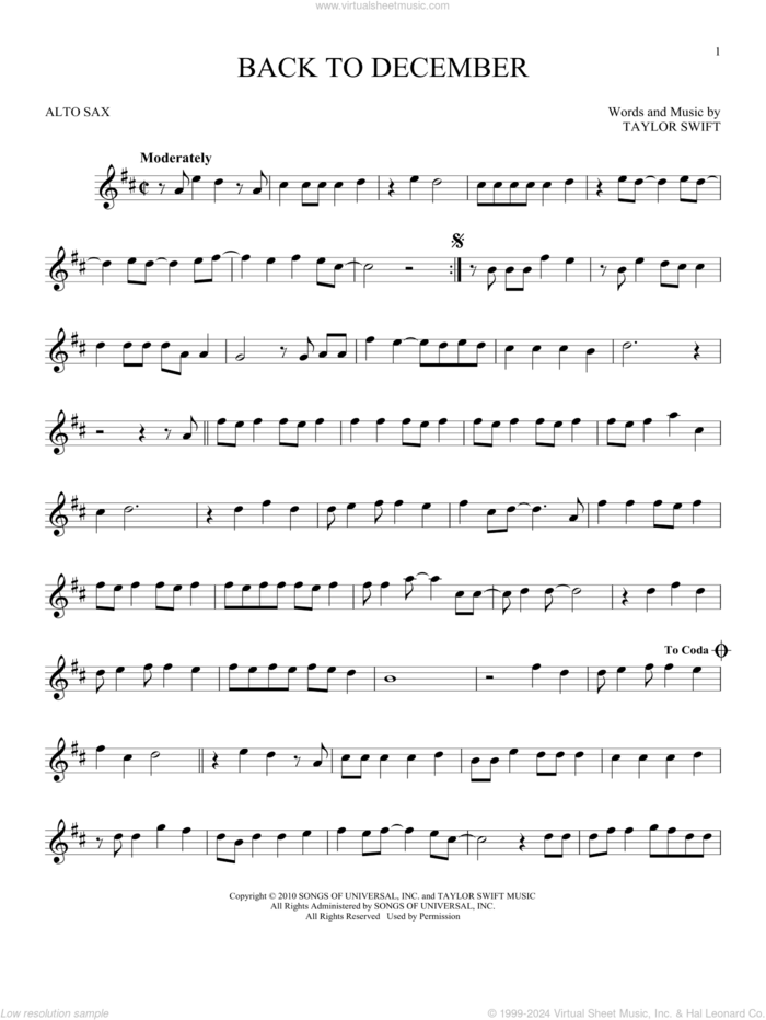 Back To December sheet music for alto saxophone solo by Taylor Swift, intermediate skill level