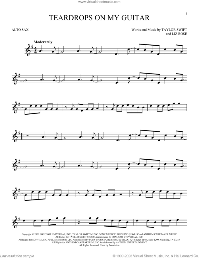 Teardrops On My Guitar sheet music for alto saxophone solo by Taylor Swift and Liz Rose, intermediate skill level