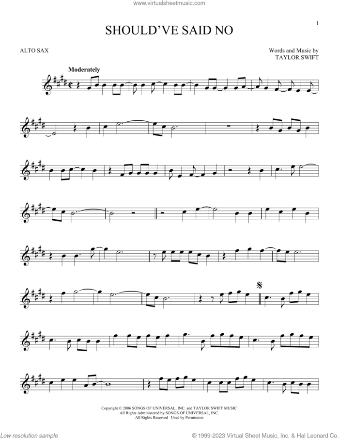 Should've Said No sheet music for alto saxophone solo by Taylor Swift, intermediate skill level