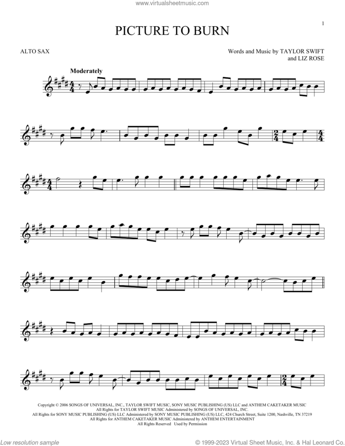 Picture To Burn sheet music for alto saxophone solo by Taylor Swift and Liz Rose, intermediate skill level