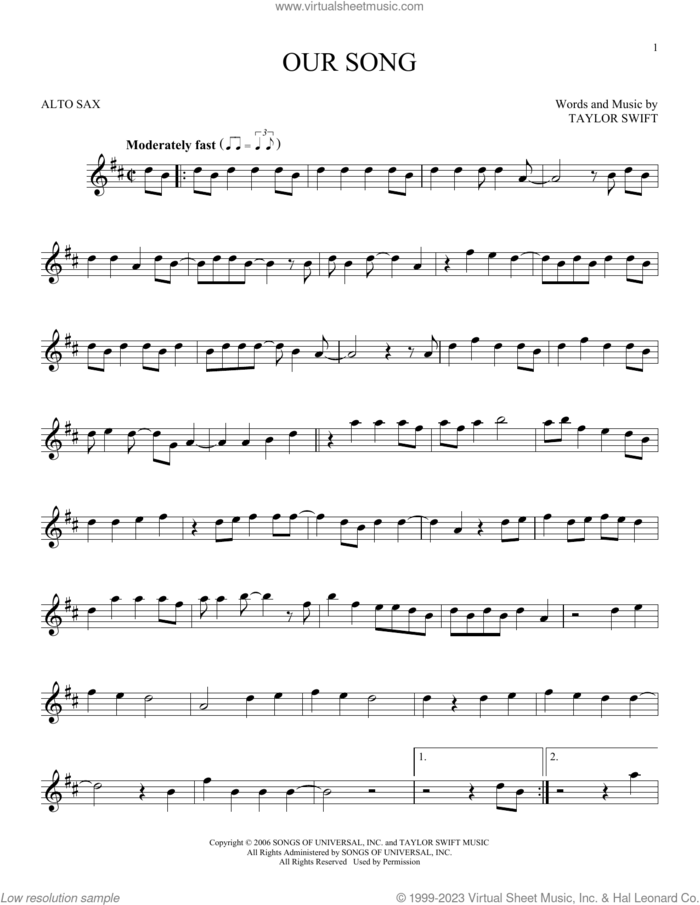 Our Song sheet music for alto saxophone solo by Taylor Swift, intermediate skill level