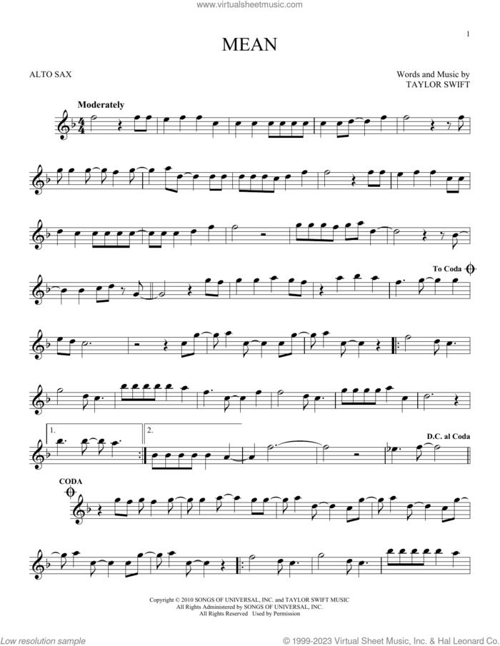 Mean sheet music for alto saxophone solo by Taylor Swift, intermediate skill level