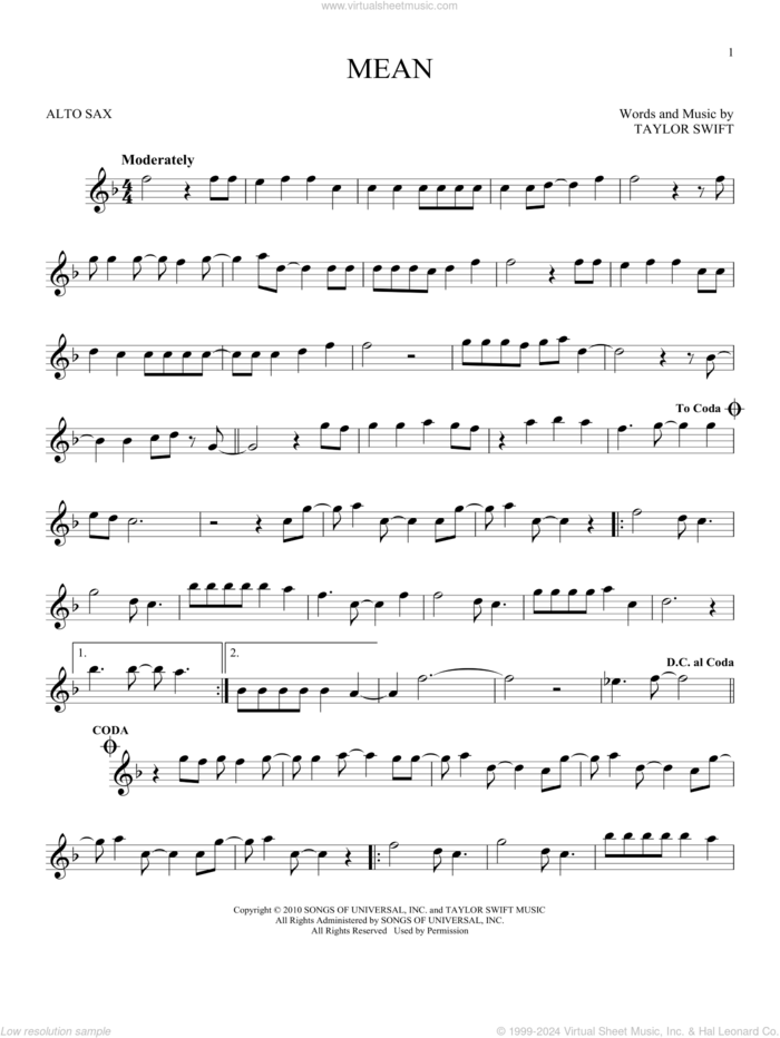 Mean sheet music for alto saxophone solo by Taylor Swift, intermediate skill level