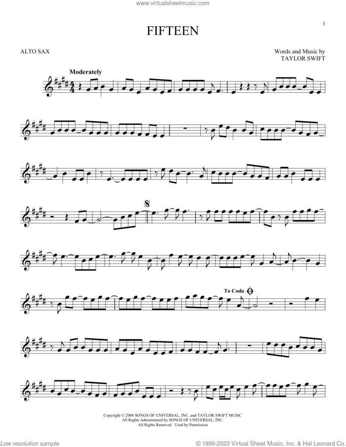 Fifteen sheet music for alto saxophone solo by Taylor Swift, intermediate skill level