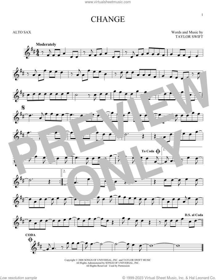 Change sheet music for alto saxophone solo by Taylor Swift, intermediate skill level