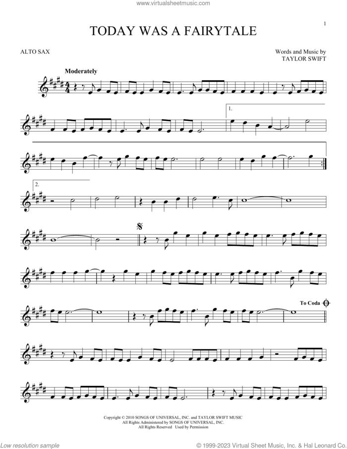 Today Was A Fairytale sheet music for alto saxophone solo by Taylor Swift, intermediate skill level
