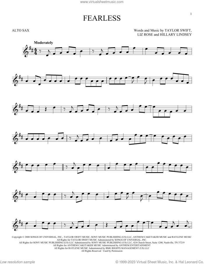 Fearless sheet music for alto saxophone solo by Taylor Swift, Hillary Lindsey and Liz Rose, intermediate skill level