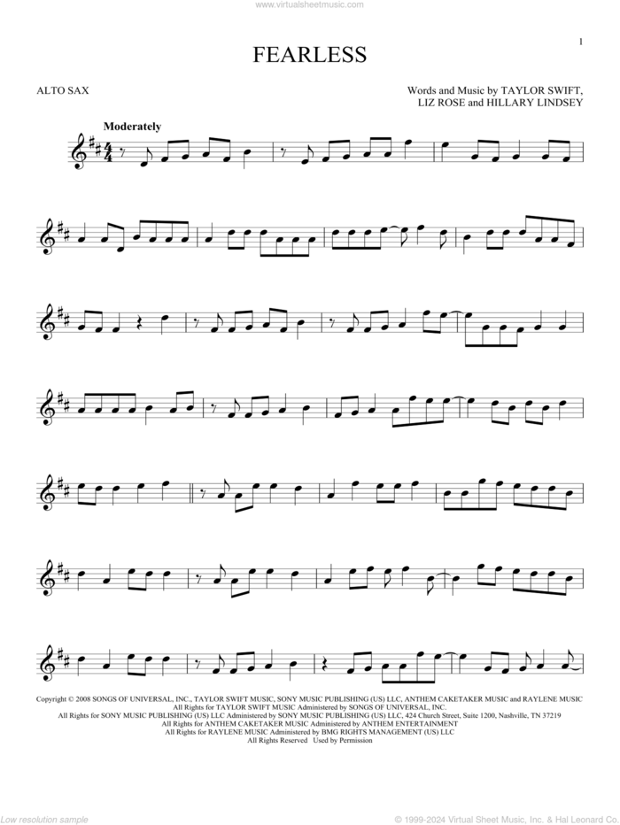 Fearless sheet music for alto saxophone solo by Taylor Swift, Hillary Lindsey and Liz Rose, intermediate skill level