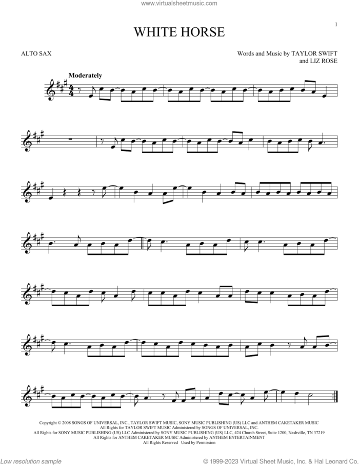 White Horse sheet music for alto saxophone solo by Taylor Swift and Liz Rose, intermediate skill level