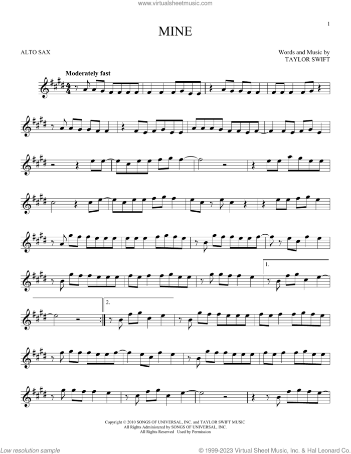 Mine sheet music for alto saxophone solo by Taylor Swift, intermediate skill level