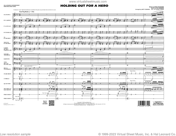 Holding Out For A Hero (arr. Conaway and Finger) (COMPLETE) sheet music for marching band by Bonnie Tyler, Dean Pitchford, Jim Steinman, Matt Conaway and Matt Finger, intermediate skill level