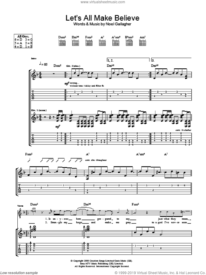 Let's All Make Believe sheet music for guitar (tablature) by Oasis and Noel Gallagher, intermediate skill level
