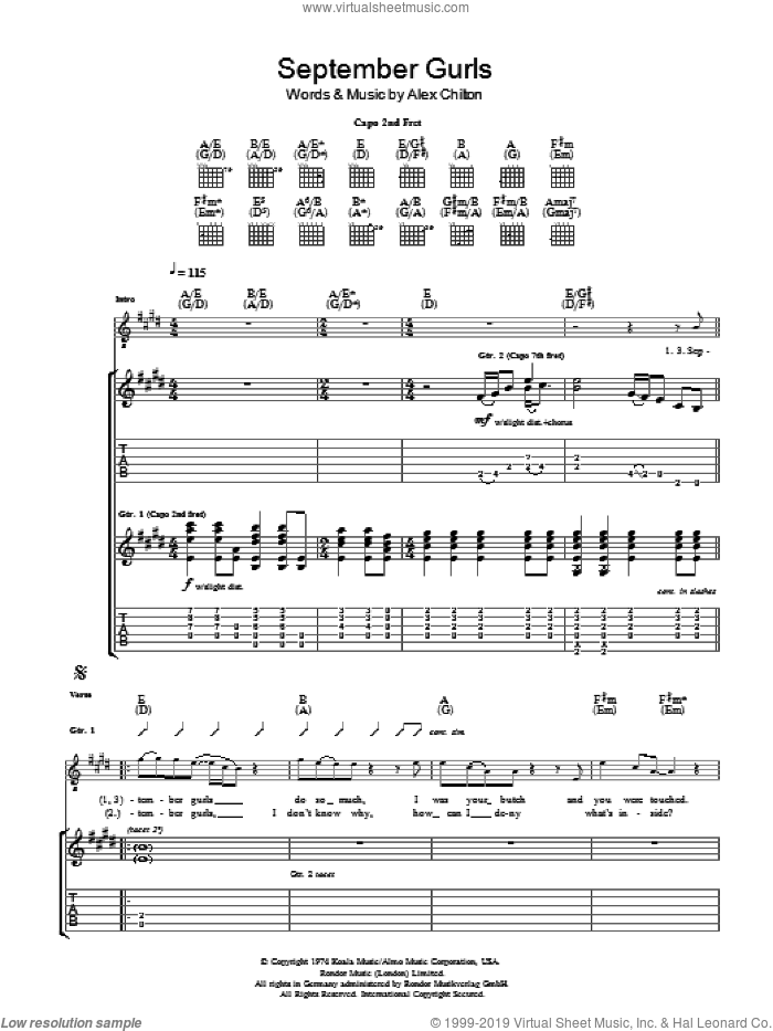 September Gurls sheet music for guitar (tablature) by Big Star and Alex Chilton, intermediate skill level