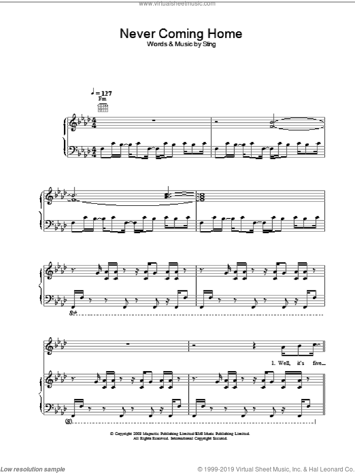 Never Coming Home sheet music for voice, piano or guitar by Sting, intermediate skill level